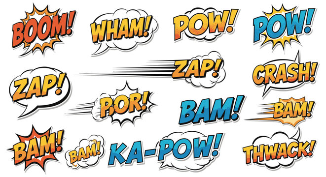 Comic book sound effect bubbles with boom pow and zap
