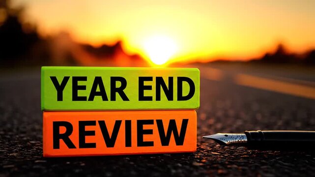 A pen lies on an empty road with colorful blocks reading Year End Review at sunset
