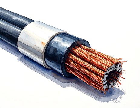 Detailed watercolor painting of an electric cable cross section for technical illustration