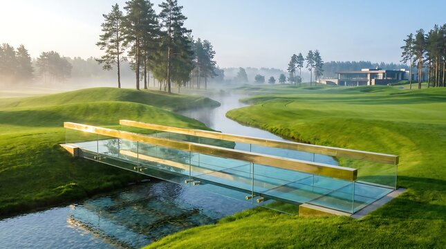 Minimalist glass and brass golf course bridge over a clear stream with pine trees, luxury architectural concept for high-end landscape design and premium leisure resort marketing.