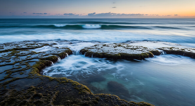 Rocky tidal pool with gentle ocean waves at sunset, showing smooth water motion and coastal rock formations, serene natural landscape