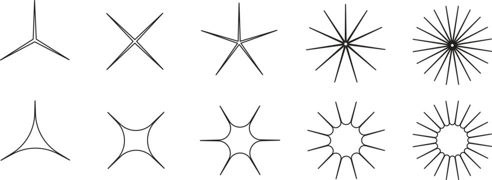Abstract radial burst shapes collection with geometric star lines and circular sunburst forms, minimal vector design set isolated on light background for logos, icons, branding and decorative graphic 