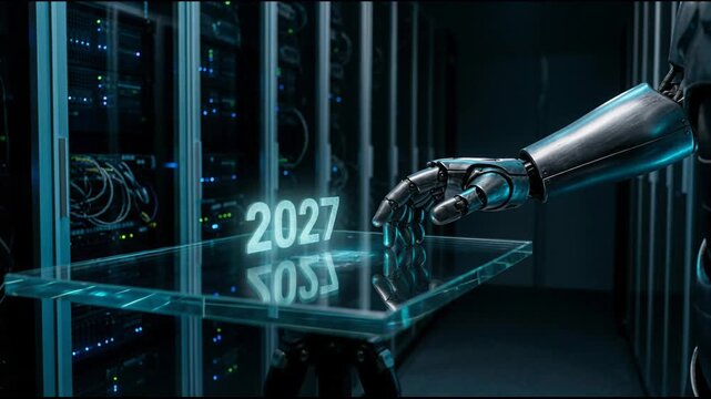 Robotic hand touching glowing 2027 hologram on glass table in server room. Futuristic machine interacting with digital display for New Year celebration concept.