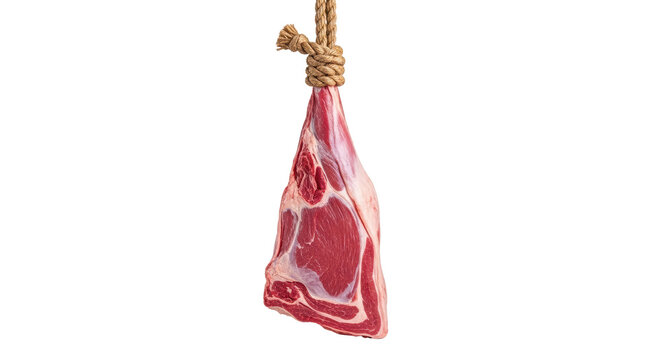 Raw lamb leg hanging from rustic rope, fresh red meat shank for butchery, organic mutton leg piece for gourmet cooking and culinary preparation isolated PNG with Transparent Background