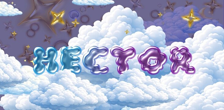 Hector name. Colorful 3D Cloud Fantasy Background with Glossy Balloon Letters. Dreamy Sky, Stars and Soft Clouds Illustration.