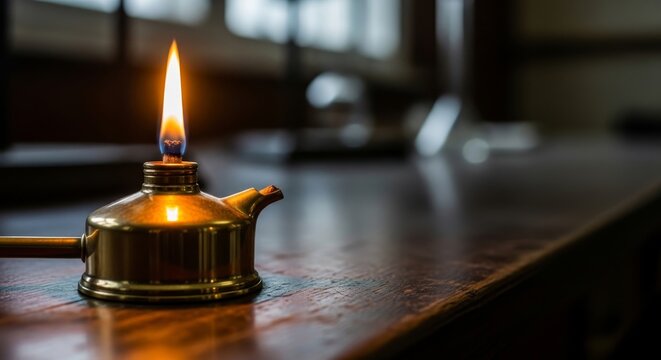 Oil Lamp With Steady Flame Illuminated on Wooden Surface