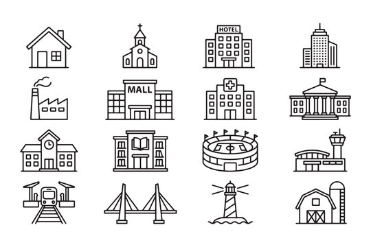 Set of sixteen black outline depicting various public buildings, infrastructure, and landmarks on white background