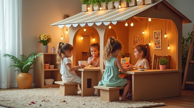 Four young girls enjoying playtime in a cozy pretend cafe with warm lighting, plants, and decorations, fostering creativity. Concept of playhouse in cheerful kid's space