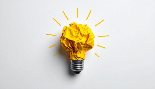 Bright yellow paper lightbulb idea concept with radiating lines symbolizing creativity, inspiration, innovation, and a eureka moment, isolated on white background