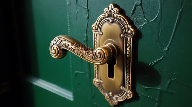 Vintage ornate door handle with keyhole on green wooden door for classic interior design and security concept