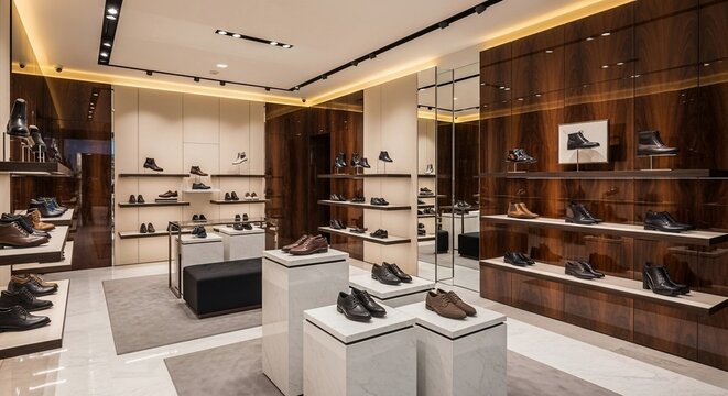 A modern and luxurious shoe store interior with elegant displays of men's footwear, featuring warm lighting, wooden accents, and sophisticated design.