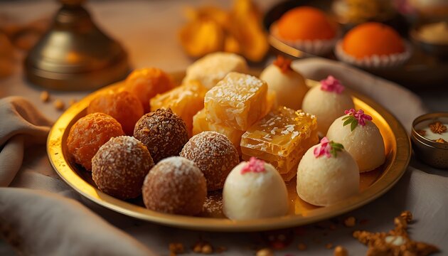 Premium celebration sweet dishes close up on a golden plate backdrop