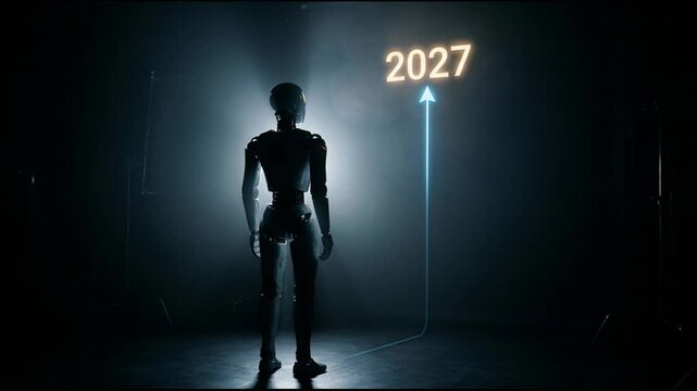 Robot looking at light arrow pointing to 2027 year. Artificial intelligence exploring future roadmap. Cybernetic being toward new era resolution, success goal.