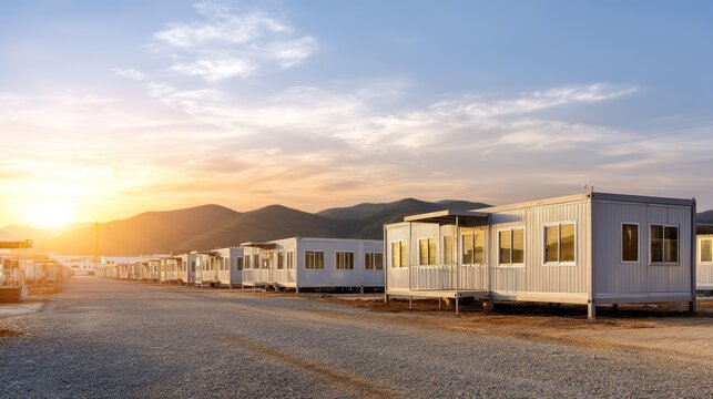 Modern modular buildings in a construction site at sunset with mountains in background and clear skies