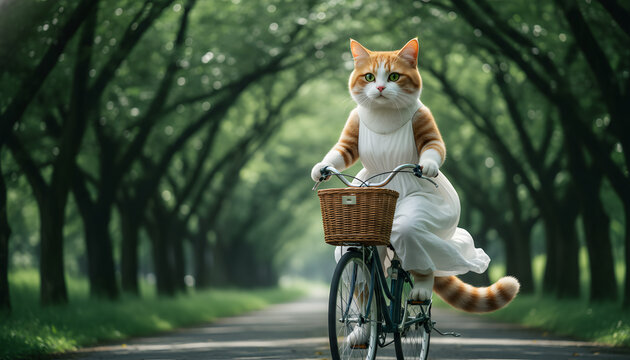 夏の海辺を自転車でサイクリングする麦わら帽子の擬人化した猫