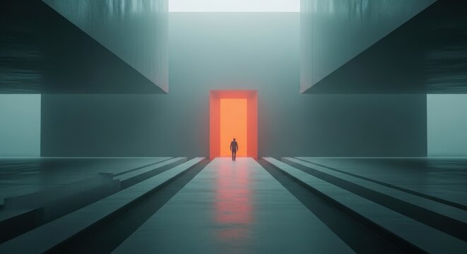Lone figure approaches glowing doorway in vast futuristic corridor, symbolizing courage, choice, and the quiet moment before stepping into a new unknown world

