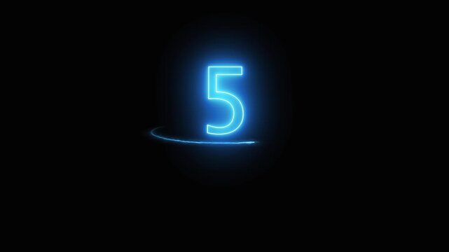 Neon number five for digital countdown. Neon number five with light trail. Futuristic neon number five for minimal technology timing on dark background.
