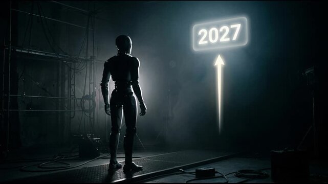 Robot looking at a glowing neon 2027 sign in a dark industrial warehouse. Future technology concept for New Year celebration in a dark mysterious laboratory setting.