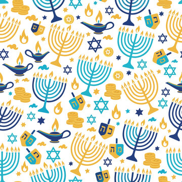 Hanukkah Pattern: A repeating pattern featuring traditional Hanukkah symbols, candles, menorahs, and dreidels, celebrating the Festival of Lights. 
