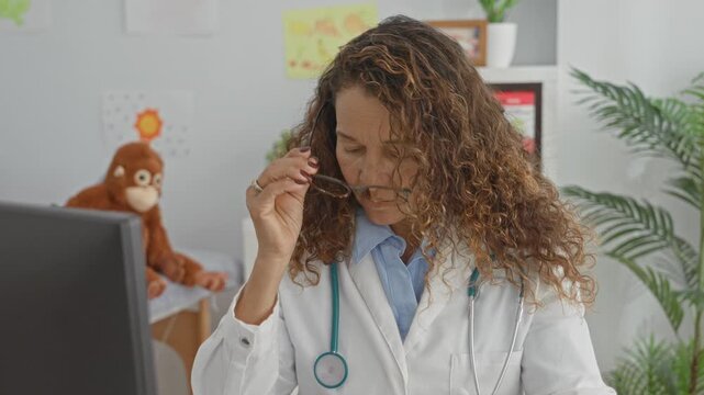 Woman doctor with stethoscope covering forehead with hand and holding glasses at computer desk in pediatric clinic; fatigue.