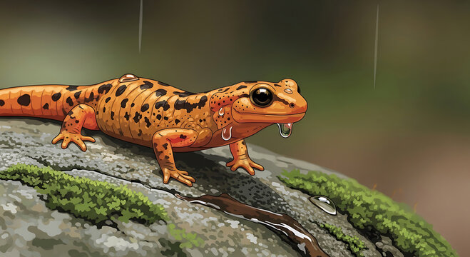 orange spotted salamander on mossy rock in rainy environment