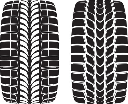 Two distinct tire tread patterns in black silhouette with transport silhouette traction isolated automotive performance contrast abstract industrial machinery