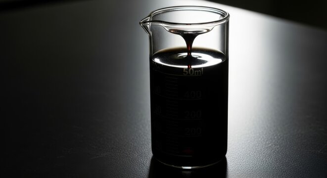 Viscous dark liquid in a laboratory beaker