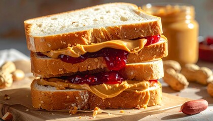 Fototapeta premium Close-up of stacked peanut butter and jelly sandwiches on white bread with dripping jam, cozy homemade comfort food scene.