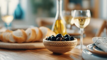 Fototapeta premium Elegant Dining Table Setting with Fresh Bread, Olive Oil, and Wine for a Cozy Meal Experience