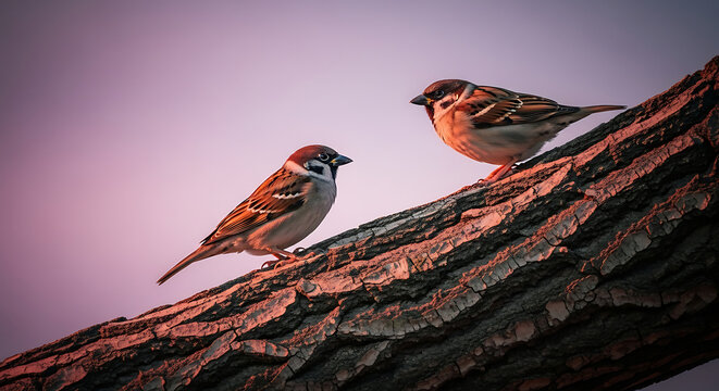 Two small sparrows perched on a textured tree branch during sunset, detailed feathers, warm light, soft purple sky