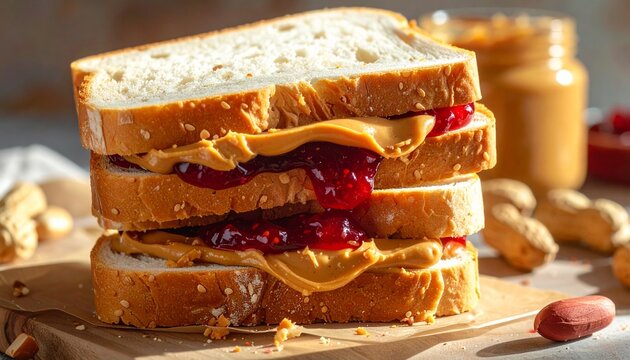Close-up of stacked peanut butter and jelly sandwiches on white bread with dripping jam, cozy homemade comfort food scene.