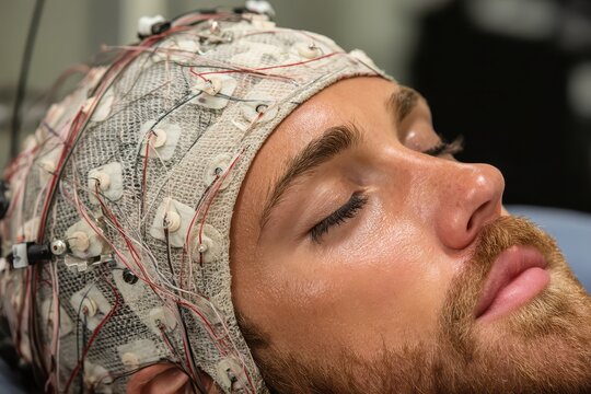 Close-up of a man's face with an EEG cap and electrodes for brain activity monitoring