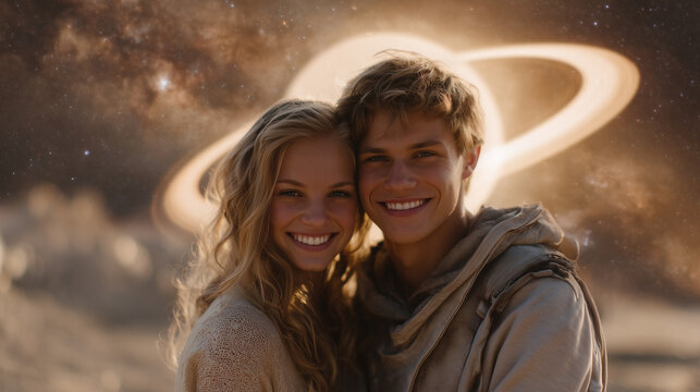 Wedding photographer frames composite portrait of couple with stars and planetary rings superimposed, orbital funeral keepsake portrait studio alternative use, memorial photography, celestial tribut