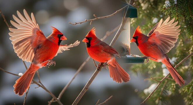 Three Vibrant Red Northern Cardinals Perched and Flying in a Winter Scene.