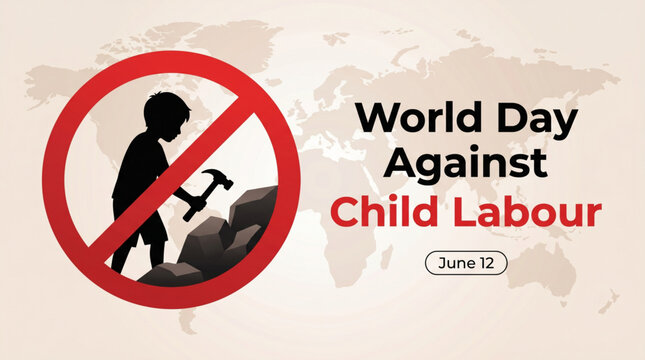 Child labour prohibition awareness concept with warning symbol and worker silhouette in global background for human rights campaign social justice education and protection message use