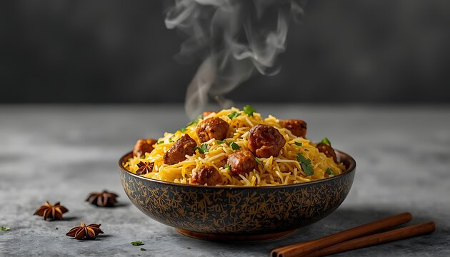 Steaming hot mutton biryani bowl with aromatic spices for Eid festival feast