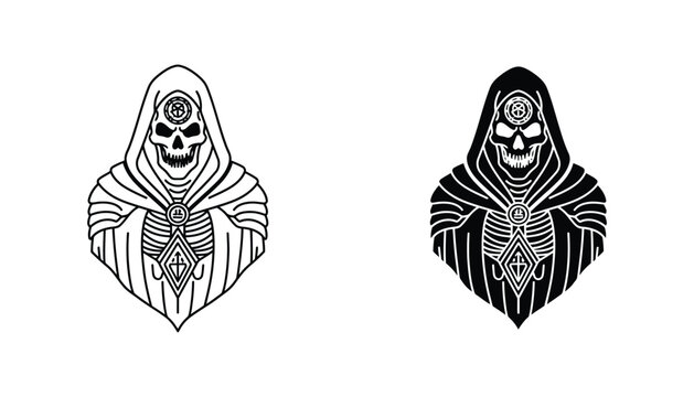 Grim reaper skull icon set wearing a hooded cloak with geometric patterns in outline and solid black silhouette styles for mystical or dark fantasy themes