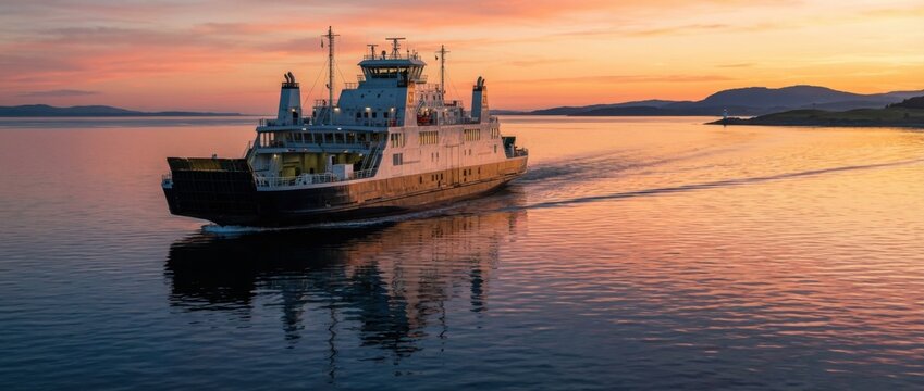 ferry crossing calm waters at sunset showcasing detailed vessel structure and vibrant reflections ideal for travel transportation and maritime industry projects or presentations