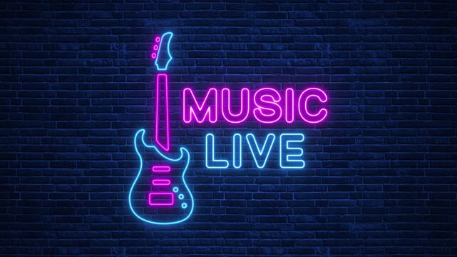 Neon Live Music and Guitar Sign on Brick Wall animation,Glowing Nightclub Logo for DJ Events, Live Music Venues and Party Promotions motion background
