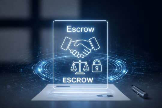 Digital escrow and legal agreement illustration with a handshake icon, scale of justice, and lock for secure business transactions and financial contracts.