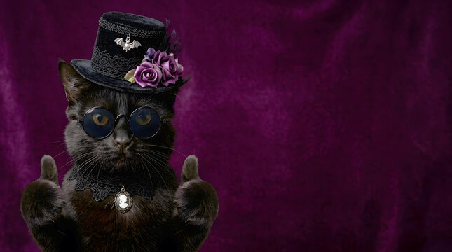 Funny black cat wearing gothic top hat and sunglasses showing double thumbs up gesture against purple velvet background with copy space