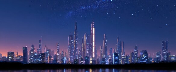 Fototapeta premium sci fi city a glowing future metropolis sparkles beneath a dusky horizon