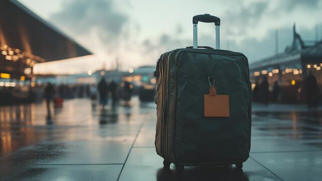 A lone suitcase stands on a wet airport floor with a blurred background of travelers