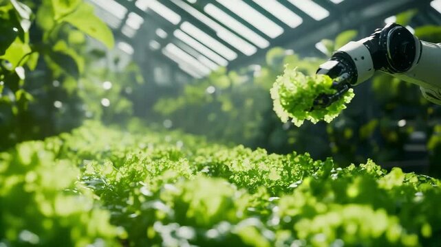 Robotic arm harvests fresh lettuce in a modern greenhouse setting hm1