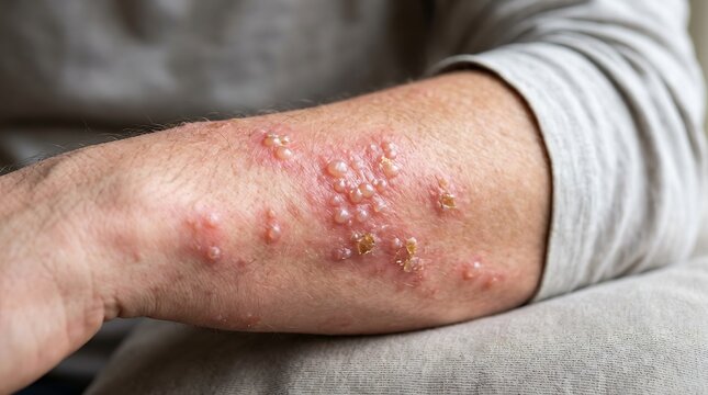 Shingles rash on arm, skin infection, viral outbreak, painful blisters, skin condition, herpes zoster, rash, infection