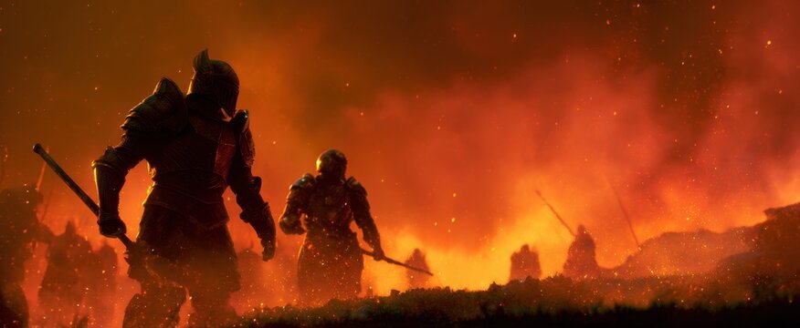The cinematic game battle scene is a blazing storm of armored warriors in fiery chaos.