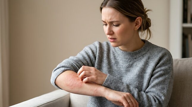 Woman scratching itchy red rash on arm skin condition eczema