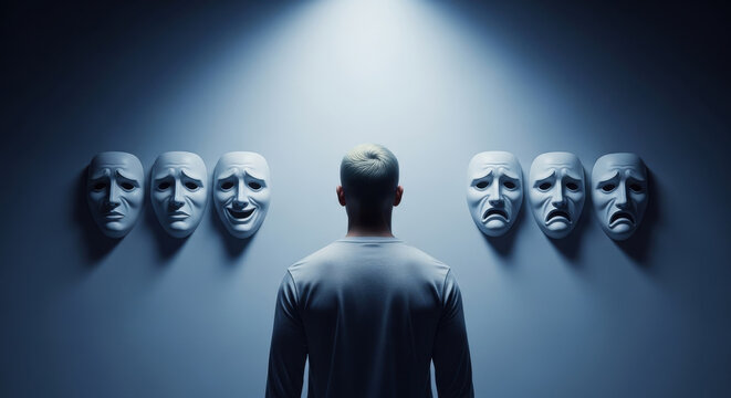 Man facing multiple emotion masks symbolizing identity crisis, mental health, and internal struggle under spotlight