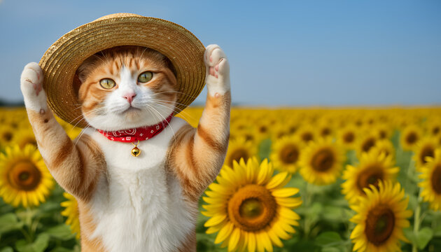 ひまわり畑で麦わら帽子を押さえる擬人化された茶トラ猫。日本のノスタルジックな夏休みの風景と心温まる一枚。