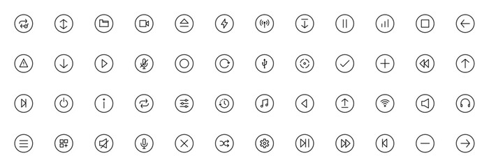 Multimedia Control Icon Set. Minimalist Vector Icons Pack for Media, Player, Settings, Volume, Playback, Download, and More. © wang